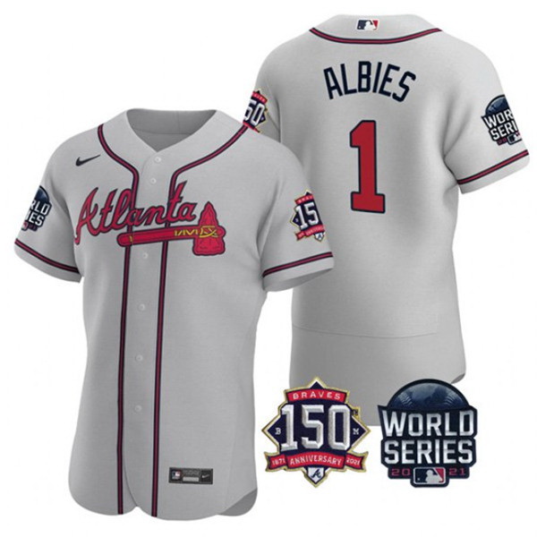 Men Atlanta Braves 1 Ozzie Albies 2021 Gray World Series With 150th Anniversary Patch Stitched Baseb