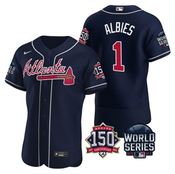 Men Atlanta Braves 1 Ozzie Albies 2021 Navy World Series With 150th Anniversary Patch Stitched Baseb