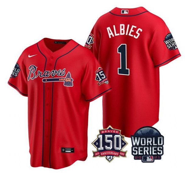 Men Atlanta Braves 1 Ozzie Albies 2021 Red World Series With 150th Anniversary Patch Cool Base Stitc