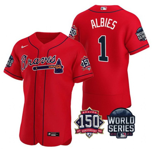 Men Atlanta Braves 1 Ozzie Albies 2021 Red World Series With 150th Anniversary Patch Stitched Baseba