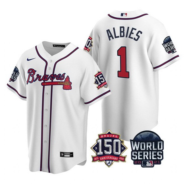 Men Atlanta Braves 1 Ozzie Albies 2021 White World Series With 150th Anniversary Patch Cool Base Sti