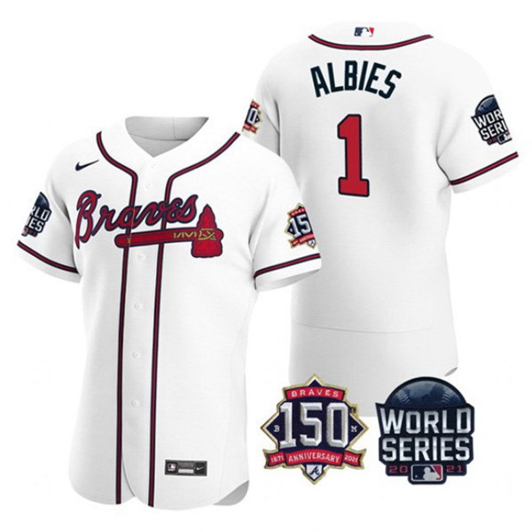 Men Atlanta Braves 1 Ozzie Albies 2021 White World Series With 150th Anniversary Patch Stitched Base