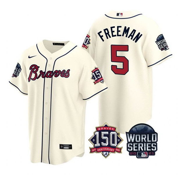 Men Atlanta Braves 5 Freddie Freeman 2021 Cream World Series With 150th Anniversary Patch Cool Base 