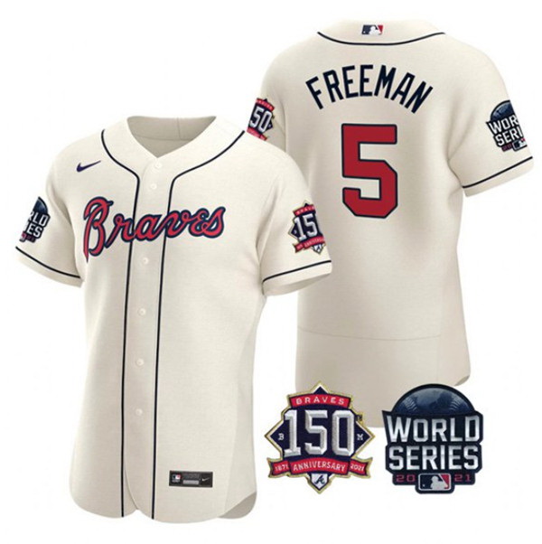 Men Atlanta Braves 5 Freddie Freeman 2021 Cream World Series With 150th Anniversary Patch Stitched B