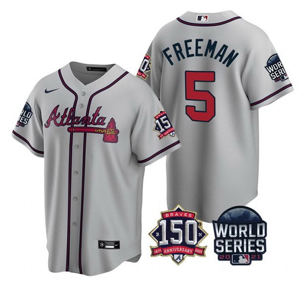 Men Atlanta Braves 5 Freddie Freeman 2021 Gray World Series With 150th Anniversary Patch Cool Base S