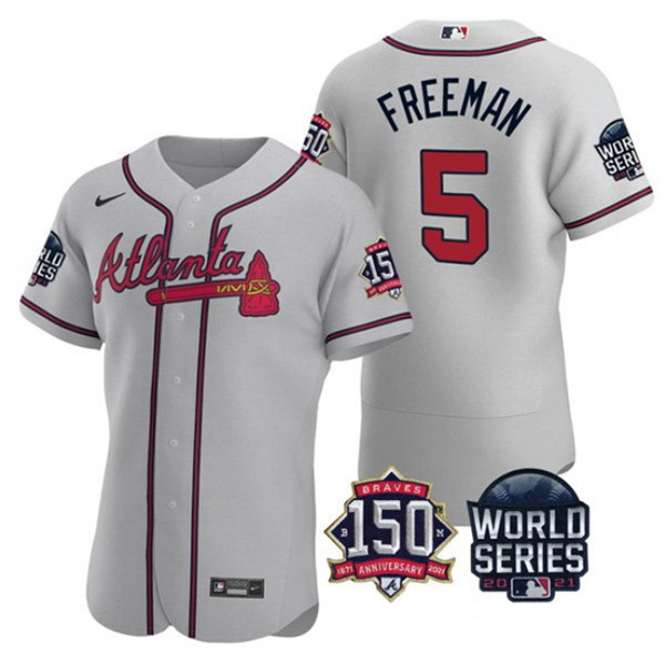 Men Atlanta Braves 5 Freddie Freeman 2021 Grey World Series With 150th Anniversary Patch Stitched Ba