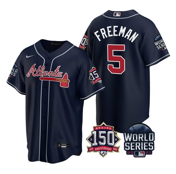 Men Atlanta Braves 5 Freddie Freeman 2021 Navy World Series With 150th Anniversary Patch Cool Base S