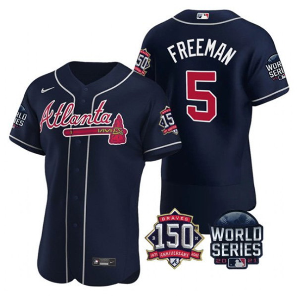 Men Atlanta Braves 5 Freddie Freeman 2021 Navy World Series With 150th Anniversary Patch Stitched Ba