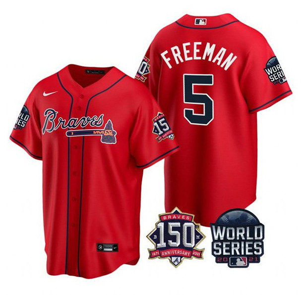 Men Atlanta Braves 5 Freddie Freeman 2021 Red World Series With 150th Anniversary Patch Cool Base St