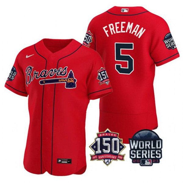 Men Atlanta Braves 5 Freddie Freeman 2021 Red World Series With 150th Anniversary Patch Stitched Bas