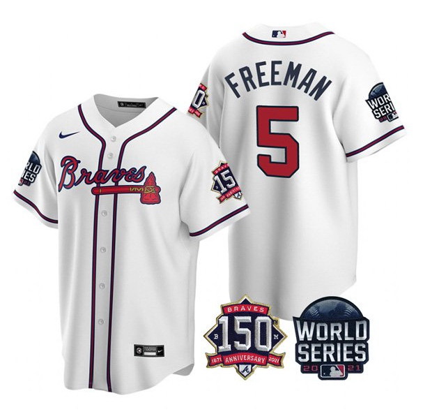 Men Atlanta Braves 5 Freddie Freeman 2021 White World Series With 150th Anniversary Patch Cool Base 