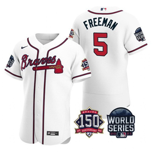 Men Atlanta Braves 5 Freddie Freeman 2021 White World Series With 150th Anniversary Patch Stitched B