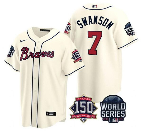 Men Atlanta Braves 7 Dansby Swanson 2021 Cream World Series With 150th Anniversary Patch Cool Base S