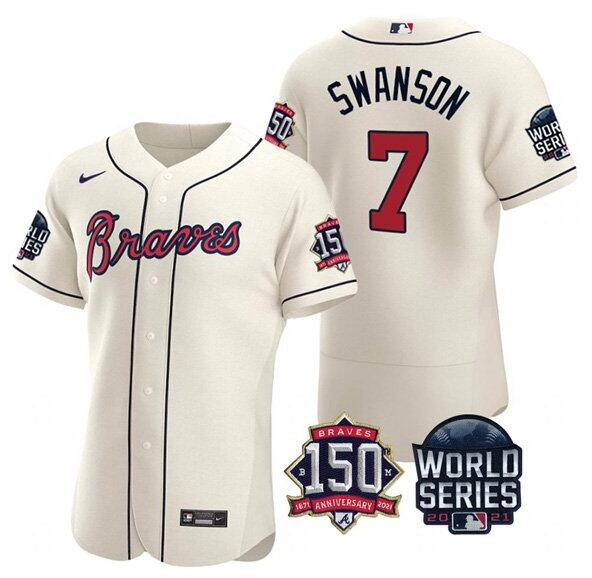 Men Atlanta Braves 7 Dansby Swanson 2021 Cream World Series With 150th Anniversary Patch Stitched Ba