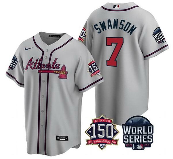 Men Atlanta Braves 7 Dansby Swanson 2021 Gray World Series With 150th Anniversary Patch Cool Base St