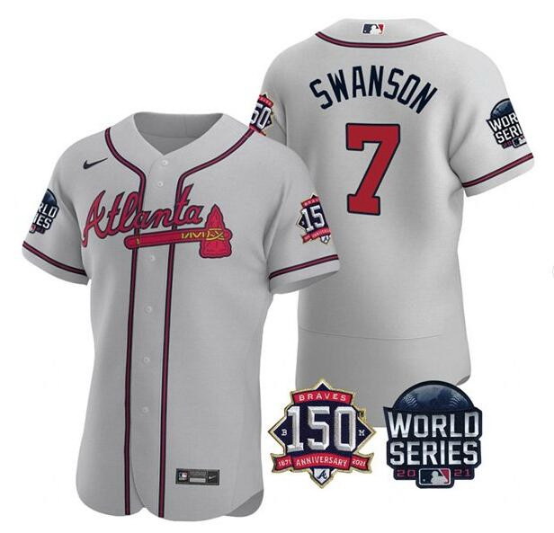 Men Atlanta Braves 7 Dansby Swanson 2021 Gray World Series With 150th Anniversary Patch Stitched Bas