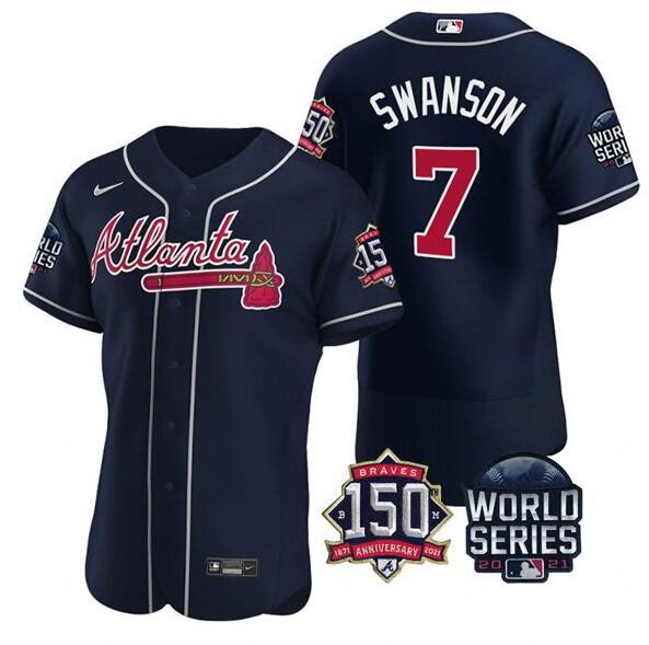 Men Atlanta Braves 7 Dansby Swanson 2021 Navy World Series With 150th Anniversary Patch Stitched Bas