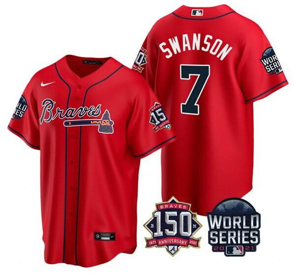 Men Atlanta Braves 7 Dansby Swanson 2021 Red World Series With 150th Anniversary Patch Cool Base Sti