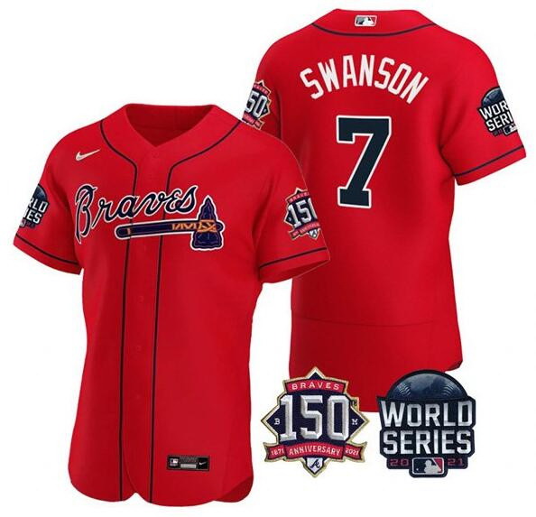 Men Atlanta Braves 7 Dansby Swanson 2021 Red World Series With 150th Anniversary Patch Stitched Base