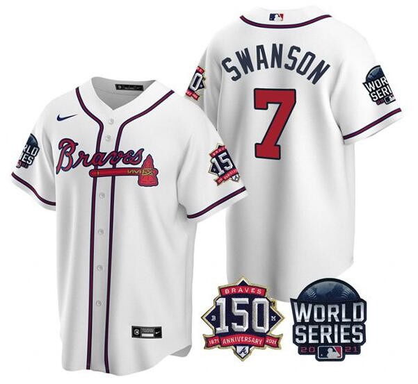 Men Atlanta Braves 7 Dansby Swanson 2021 White World Series With 150th Anniversary Patch Cool Base S