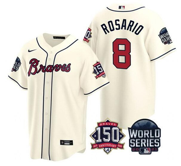 Men Atlanta Braves 8 Eddie Rosario 2021 Cream World Series With 150th Anniversary Patch Cool Base St