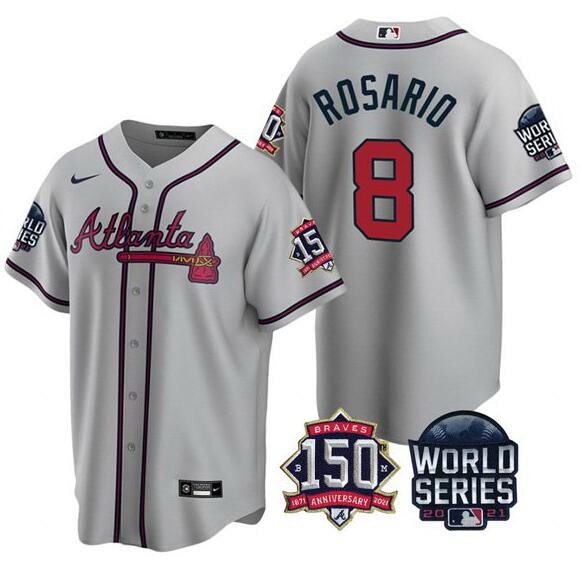 Men Atlanta Braves 8 Eddie Rosario 2021 Gray World Series With 150th Anniversary Patch Cool Base Sti