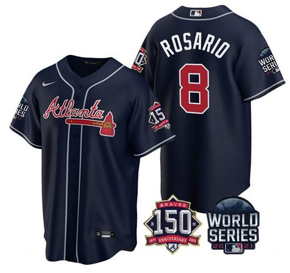 Men Atlanta Braves 8 Eddie Rosario 2021 Navy World Series With 150th Anniversary Patch Cool Base Sti