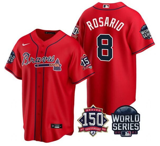 Men Atlanta Braves 8 Eddie Rosario 2021 Red World Series With 150th Anniversary Patch Cool Base Stit