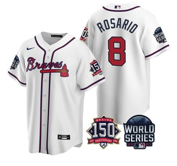 Men Atlanta Braves 8 Eddie Rosario 2021 White World Series With 150th Anniversary Patch Cool Base St