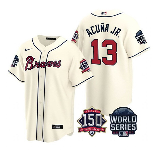 Men Atlanta Braves 13 Ronald Acuna Jr  2021 Cream World Series With 150th Anniversary Patch Cool Bas