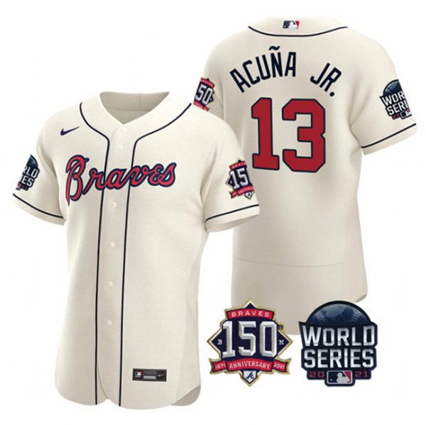 Men Atlanta Braves 13 Ronald Acuna Jr  2021 Cream World Series With 150th Anniversary Patch Stitched