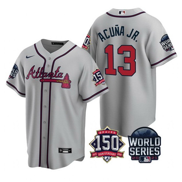 Men Atlanta Braves 13 Ronald Acuna Jr  2021 Gray World Series With 150th Anniversary Patch Cool Base