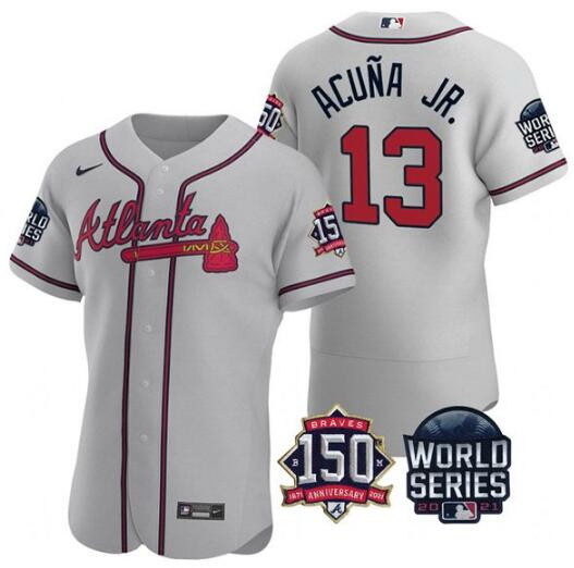 Men Atlanta Braves 13 Ronald Acuna Jr  2021 Grey World Series With 150th Anniversary Patch Stitched 