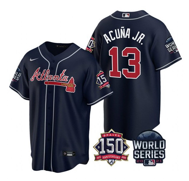 Men Atlanta Braves 13 Ronald Acuna Jr  2021 Navy World Series With 150th Anniversary Patch Cool Base