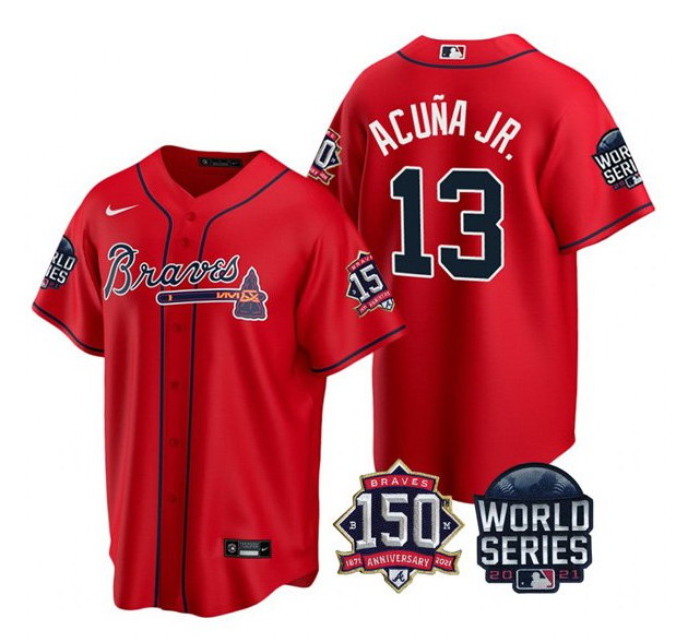 Men Atlanta Braves 13 Ronald Acuna Jr  2021 Red World Series With 150th Anniversary Patch Cool Base 