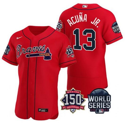 Men Atlanta Braves 13 Ronald Acuna Jr  2021 Red World Series With 150th Anniversary Patch Stitched B