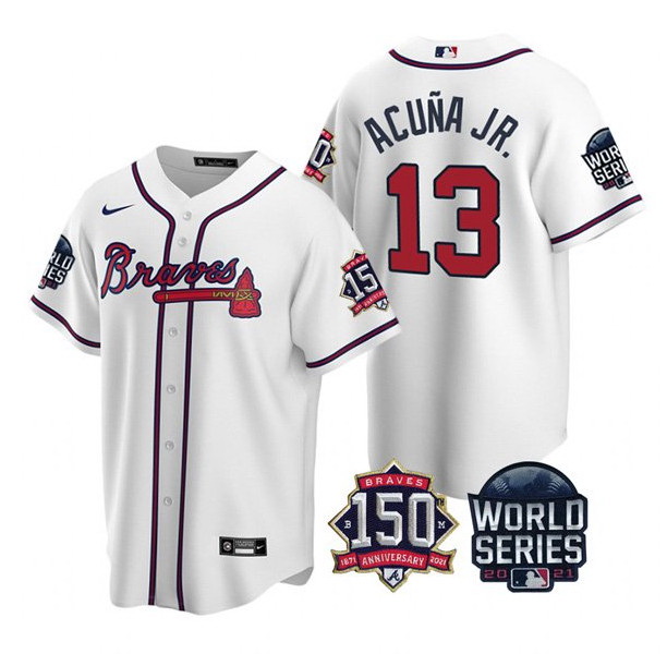 Men Atlanta Braves 13 Ronald Acuna Jr  2021 White World Series With 150th Anniversary Patch Cool Bas