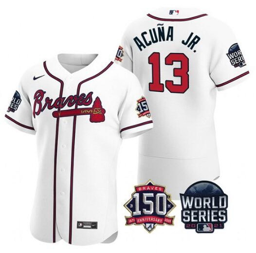 Men Atlanta Braves 13 Ronald Acuna Jr  2021 White World Series With 150th Anniversary Patch Stitched