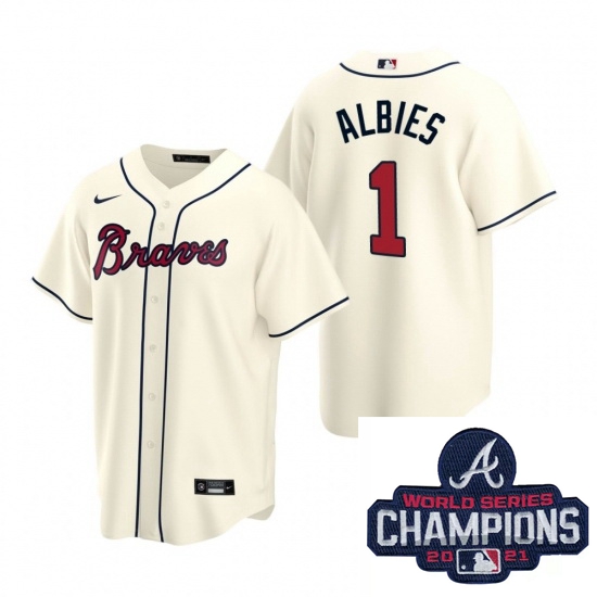 Men Nike Atlanta Braves 1 Ozzie Albies Cream Alternate Stitched Baseball Stitched MLB 2021 Champions