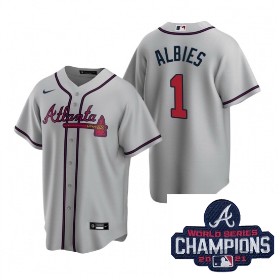 Men Nike Atlanta Braves 1 Ozzie Albies Gray Road Stitched Baseball Stitched MLB 2021 Champions Patch