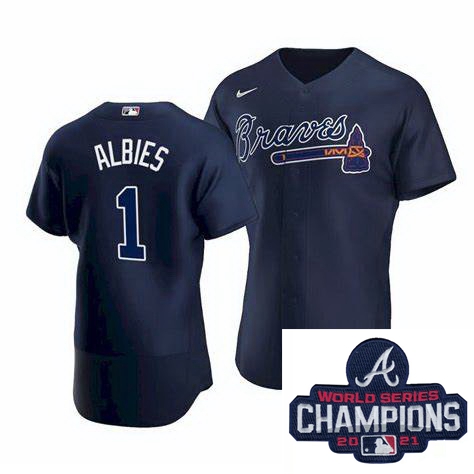 Men Nike Atlanta Braves 1 Ozzie Albies Navy Blue Home Stitched Baseball Stitched MLB 2021 Champions 