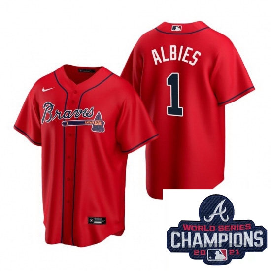 Men Nike Atlanta Braves 1 Ozzie Albies Red Alternate Stitched Baseball Stitched MLB 2021 Champions P