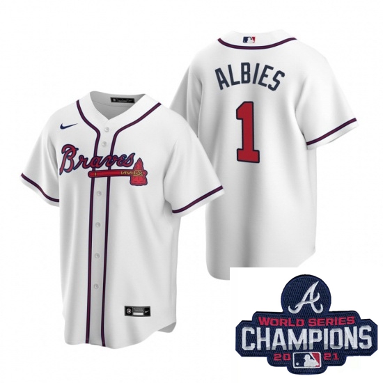 Men Nike Atlanta Braves 1 Ozzie Albies White Home Stitched Baseball Stitched MLB 2021 Champions Patc