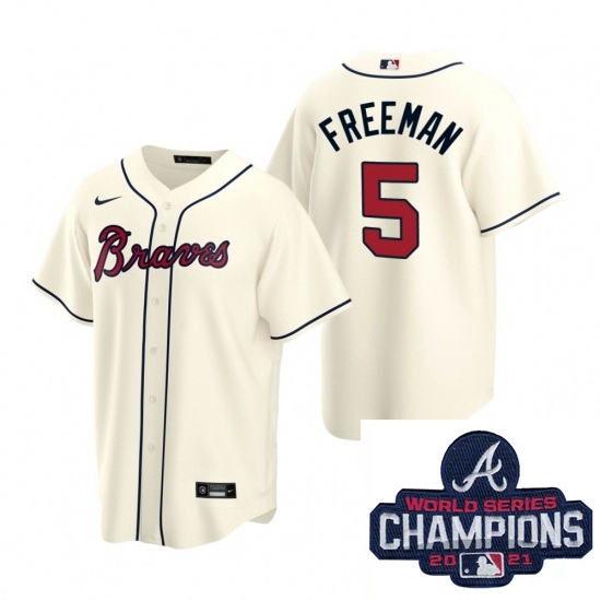 Men Nike Atlanta Braves 5 Freddie Freeman Cream Alternate Stitched Baseball Stitched MLB 2021 Champi