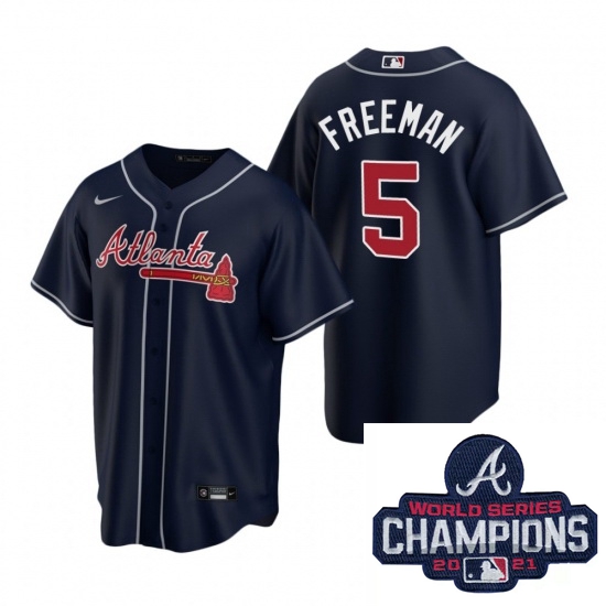 Men Nike Atlanta Braves 5 Freddie Freeman Navy Alternate Stitched Baseball Stitched MLB 2021 Champio