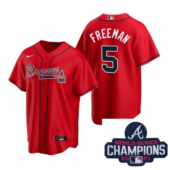 Men Nike Atlanta Braves 5 Freddie Freeman Red Alternate Stitched Baseball Stitched MLB 2021 Champion