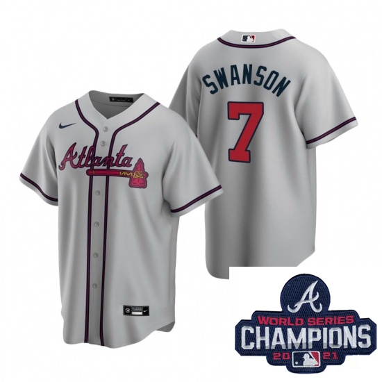 Men Nike Atlanta Braves 7 Dansby Swanson Gray Road Stitched Baseball Stitched MLB 2021 Champions Pat