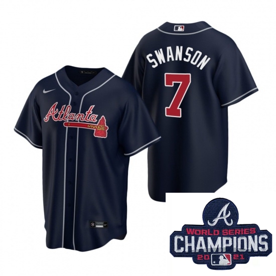 Men Nike Atlanta Braves 7 Dansby Swanson Navy Alternate Stitched Baseball Stitched MLB 2021 Champion