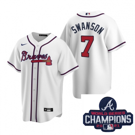 Men Nike Atlanta Braves 7 Dansby Swanson White Home Stitched Baseball Stitched MLB 2021 Champions Pa