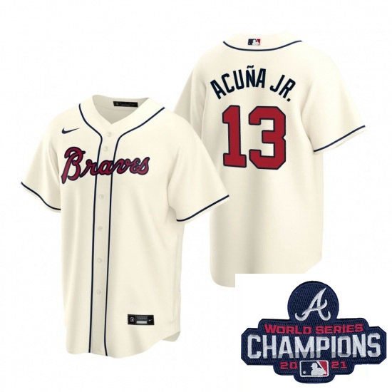 Men Nike Atlanta Braves 13 Ronald Acuna Jr Cream Alternate Stitched Baseball Stitched MLB 2021 Champ